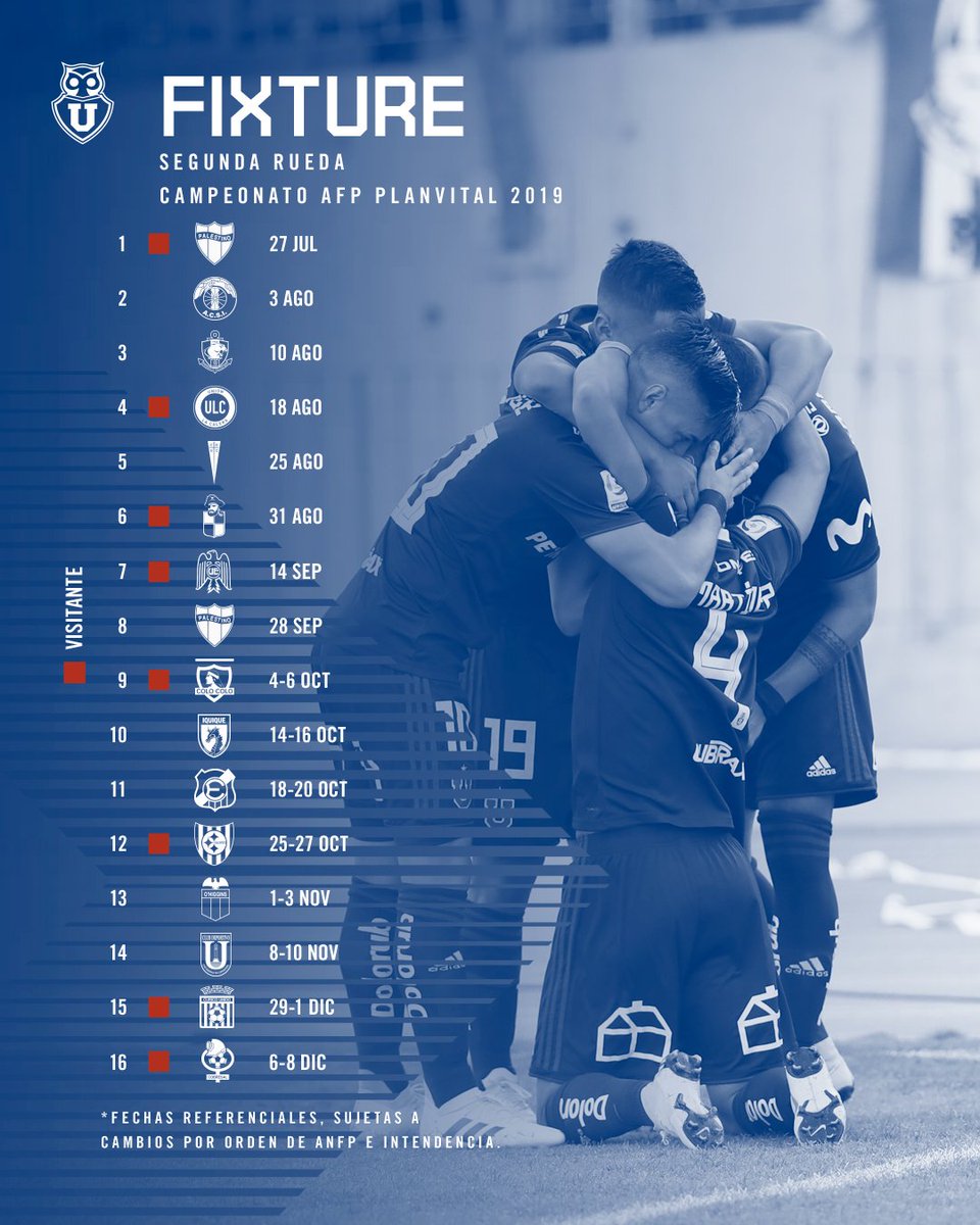 Para guardar! 💾 
Las 16 fechas de la Segunda Rueda del Romántico Viajero en el #CampeonatoAFPPlanVital 2019 💪
El próximo sábado 27 de julio, a las 15:00 horas, volvemos frente a Palestino en el Municipal de La Cisterna 🏟

#NuncaFuimosSolo11 #VamosLaU 🤘