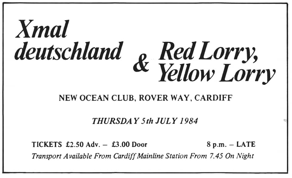 35 years ago tonight, 5th July 1984, second last night of the  @xmaldeutschland Tocsin Tour.

#redlorryyellowlorry #lorriesredux #cardiff #newoceanclub #xmaldeutschland #monkeysonjuice