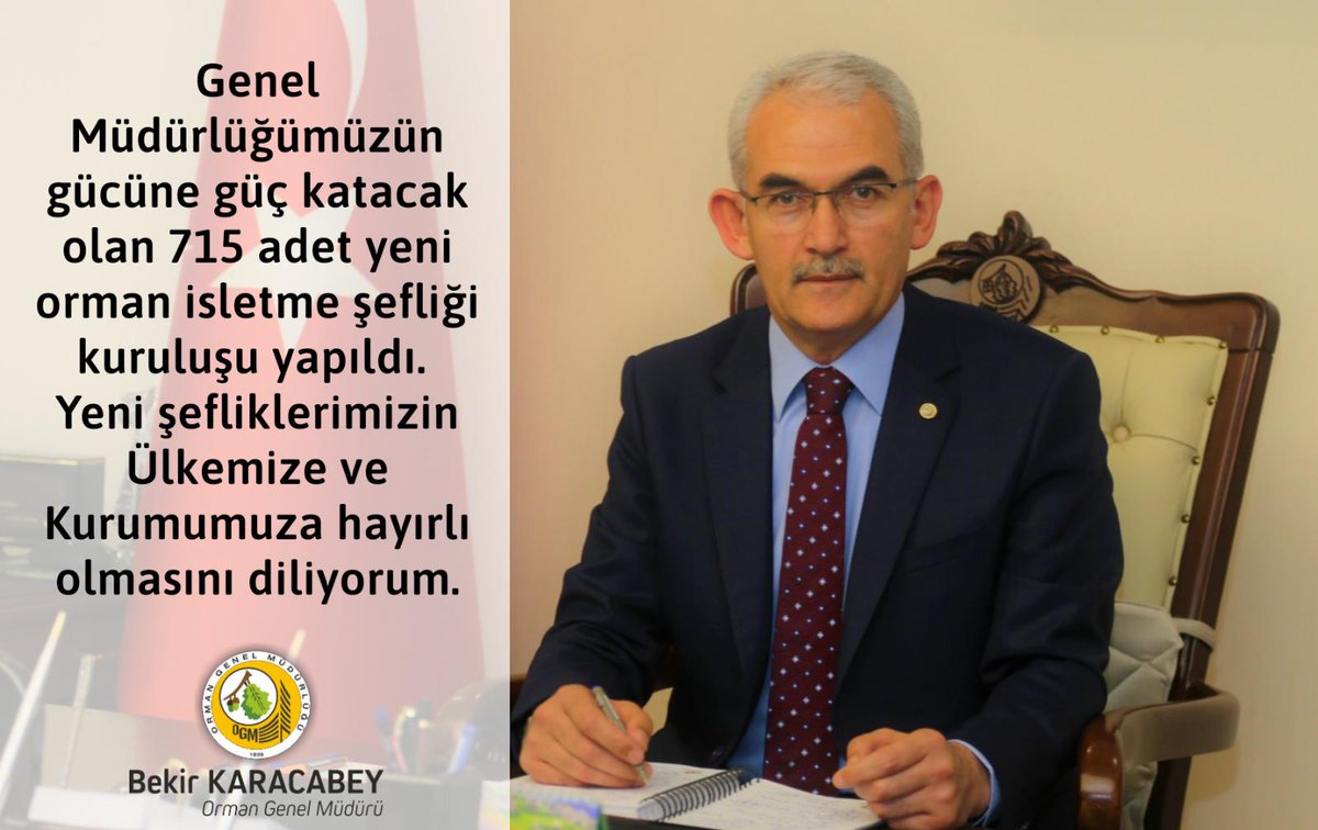 Genel Müdürlüğümüzün gücüne güç katacak olan 715 adet yeni orman isletme şefliği kuruluşu yapıldı. Yeni şefliklerimizin Ülkemize ve Kurumumuza hayırlı olmasını diliyorum.
