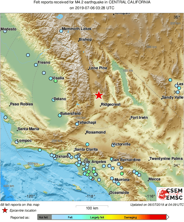 LastQuake's tweet photo. Map of felt reports received so far following the #earthquake M4.2 in Central California 41 min ago https://t.co/vyXHvXSpwq