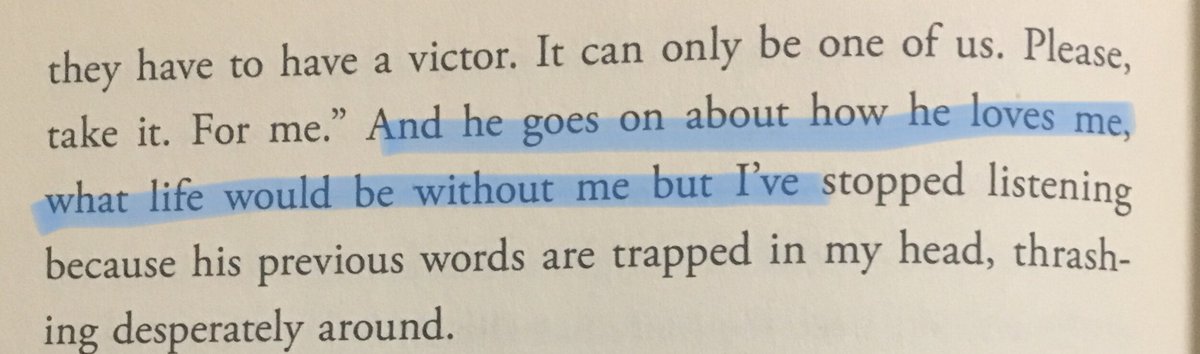 This whole section is really telling. For Peeta, it would be about losing the girl he loves. For Katniss, it would be about losing a comerade in arms—someone she took care of and fought to keep alive.  #TheAspecGames