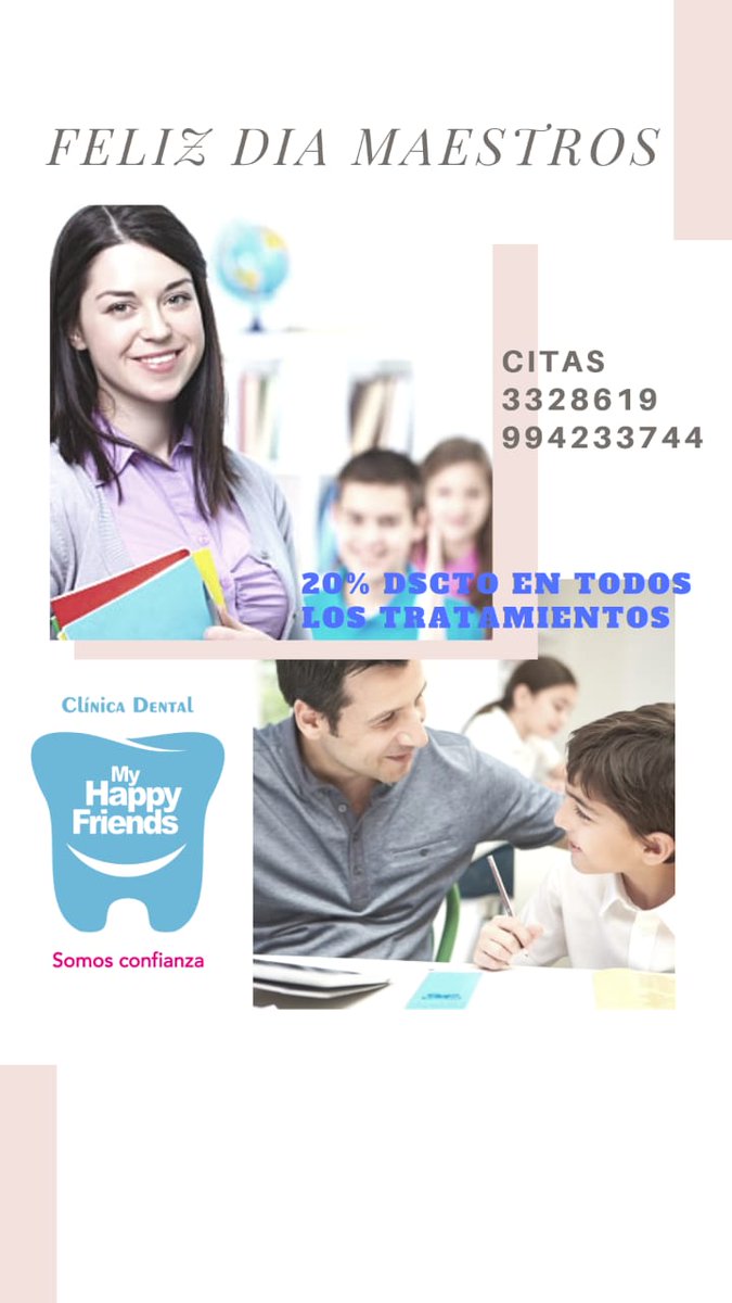 My_HappyFriends's tweet photo. Rendimos homenaje en su día otorgándole en la semana del MAESTRO una promoción de 20% de descuento en todos los tratamientos ❗👩🏫👨🏫
#FelizDiaDelMaestro #Educadores #Directores #Smile2019 #SonrisasPerfectas #Profesionales #SaludyBelleza #Happines
Citas 3328619 - 994233744 https://t.co/W8f3xUZ2UV