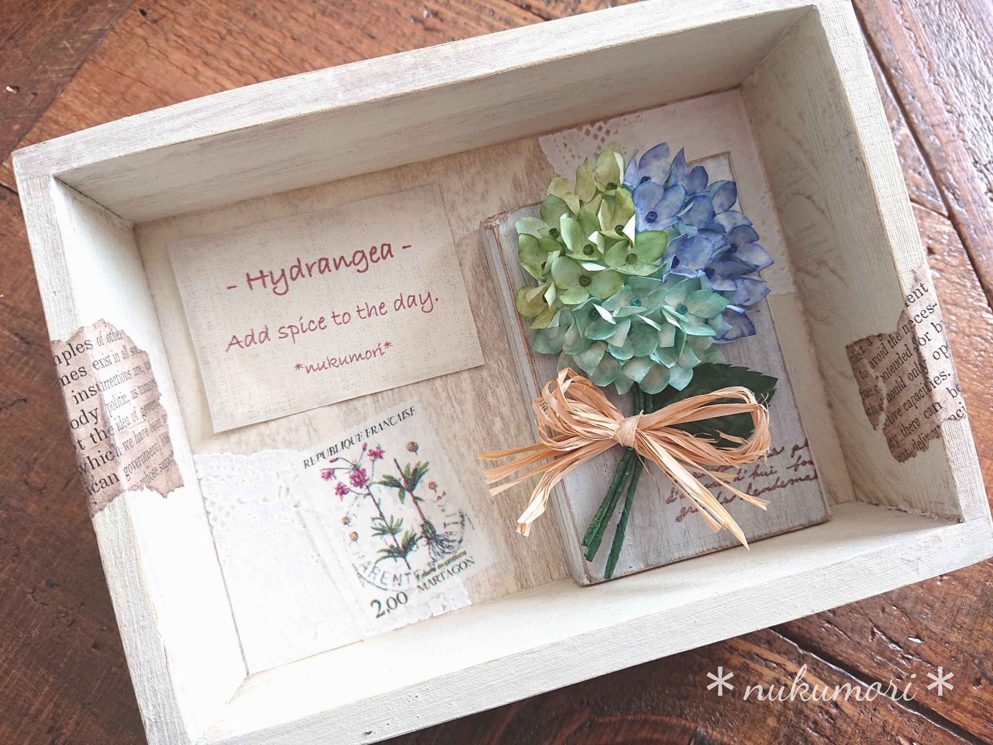 手作り雑貨 布工森 Nukumori おはようございます いつもありがとうございます 久しぶりのペーパークラフトの作品 気に入った色合いの作品が出来ました ヽ ペーパークラフト 花 紫陽花 Handmaid 手作り雑貨 メッセージ 委託用