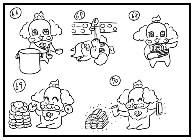 66～70
67は焦げたポテトチップスをはじくペコリンです 