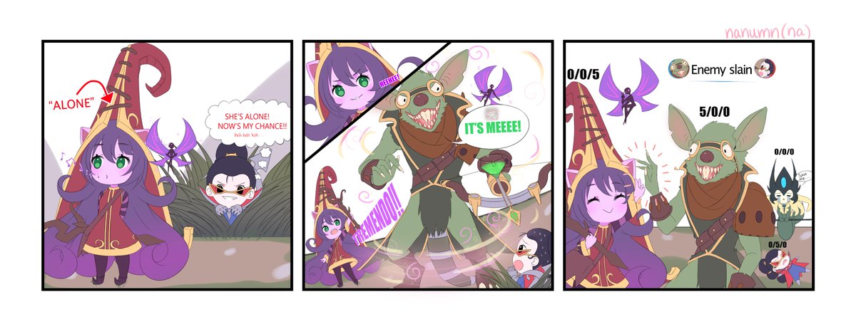 the prompt for the comic was to showcase teamwork, so i drew something that i think happens often in the bot lane ?

https://t.co/lFMyMhzwzs 