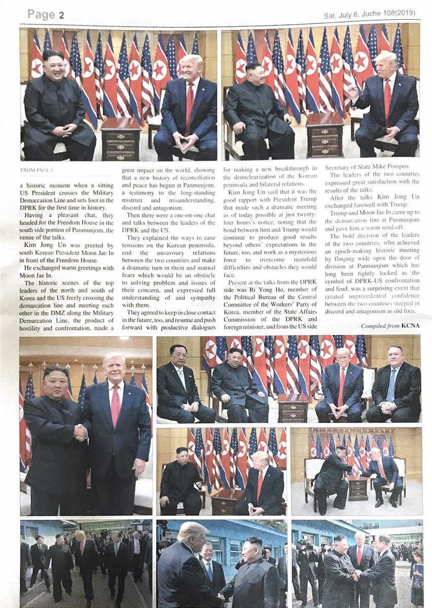 SajjadDiplomat's tweet photo. Latest issue of today " the Pyongyang Times" (weekly) reported third Kim - Trump meeting of 30 June 2019 at Panmunjom.
Earlier they met in Singapore ( 12 June 2018) and Hanoi ( 27-28 February 2019). Hope peace to prevail in the region. #NorthKorea #SouthKorea https://t.co/jfoGP4WMRt