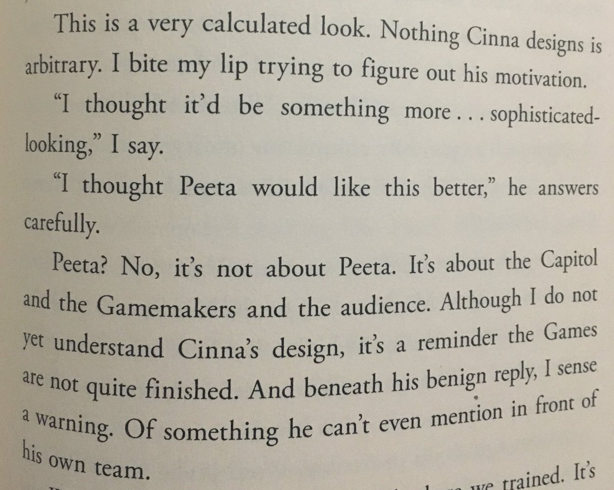 Even Cinna understands the performative aspect of the relationship and how carefully they all must tiptoe around it... I love how this is described and how Cinna chooses to interact with it.  #TheAspecGames