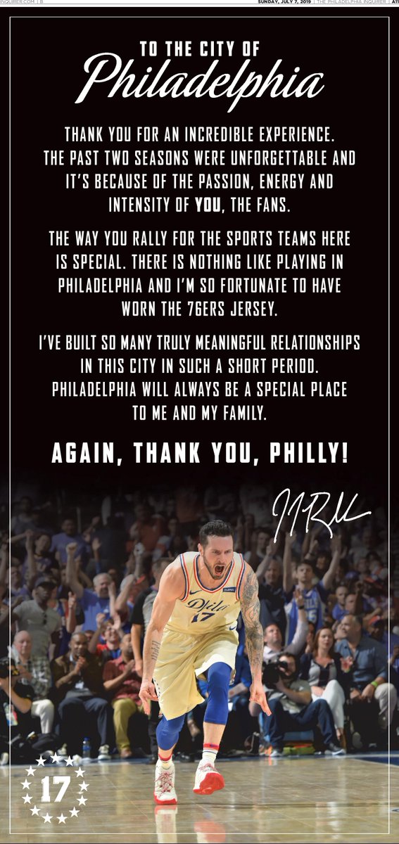 lukereasoner's tweet image. JJ Redick sent #Philadelphia a thank you by taking out a full-page color ad in the Sunday&apos;s #Inquirer (@PhillyInquirer) #76ers #Sixers #HereTheyCome @darrenrovell @wojespn