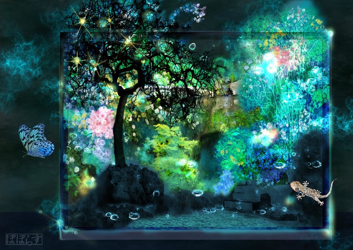 ぽぽらす ケースの中の楽園 ガラスの中 Pixiv今日のお題 ファンタジー デジタルイラスト 花園 ヤモリ 水槽 T Co 7aovomvjh3