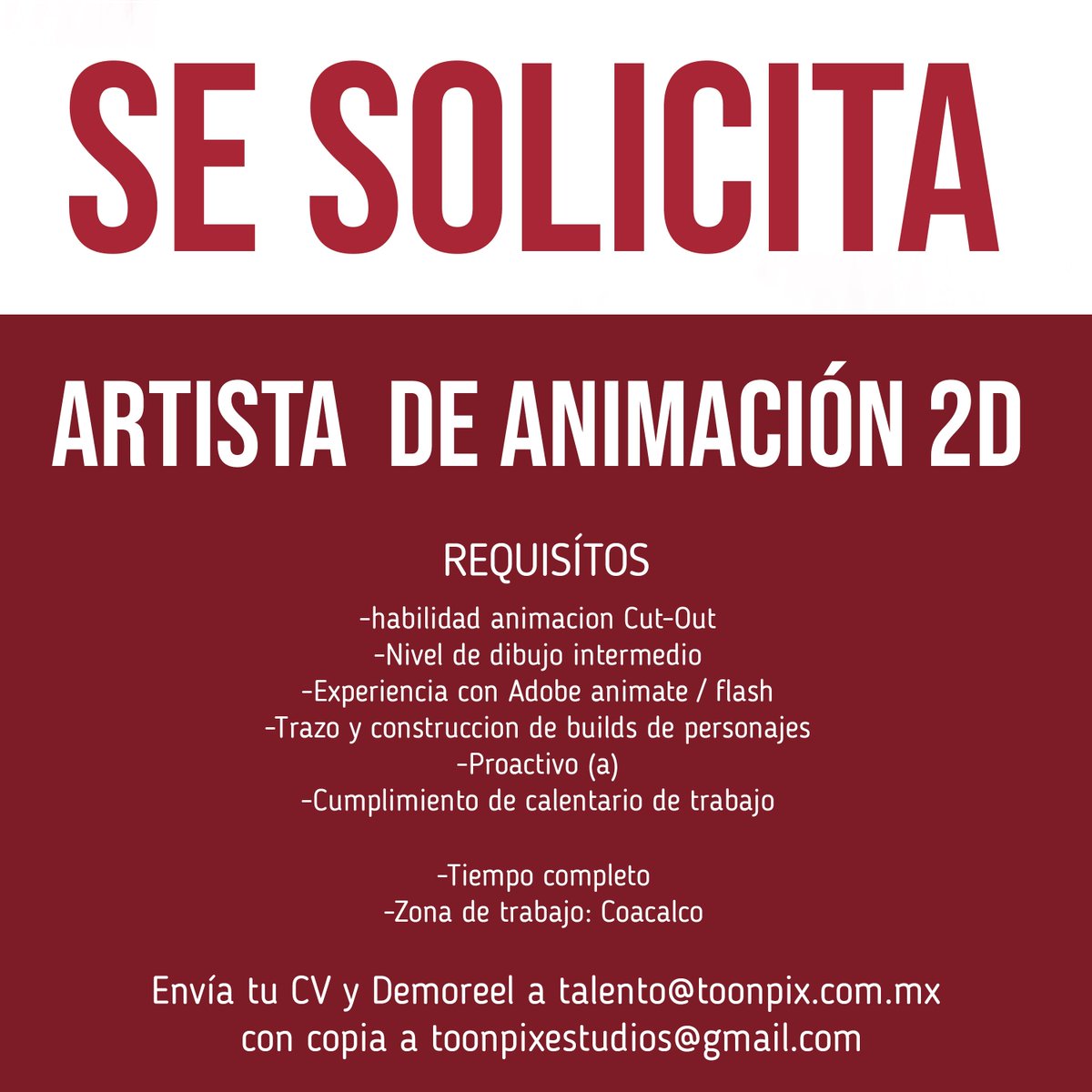 ToonPix's tweet photo. Necesitamos tu talento.

Envía tu CV y Demoreel a talento@toonpix.com con copia a toonpixestudios@gmail.com.

Visita
https://t.co/h3QTaExzve https://t.co/lx3gAJj23O