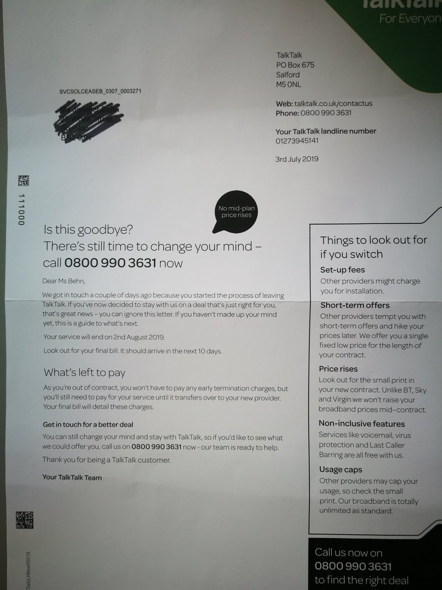 Timeforchanges6's tweet image. This is the second letter I received within the last 3 days since cancelling my account 4 days ago. I think I have already, very politely, made it clear on the phone that I do not want a &quot;better deal&quot;. Stop waisting paper and other resources and leave me be #talktalk