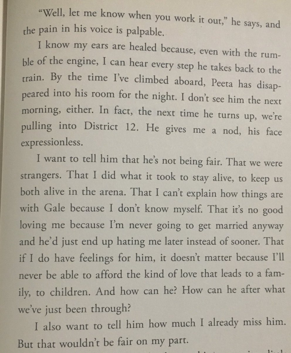This is really sad too... because it feels like Peeta only wants her if she’s in love with him. Even though Katniss’s affection for him is real, she feels like it isn’t fair to him to express it because it’s not what he expects.  #TheAspecGames