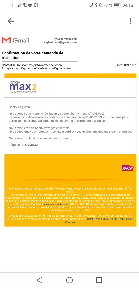 Nouvelle faute de <a href="/TGVINOUI/">TGV INOUI</a> <a href="/SNCF/">❌</a> @ouisncf
1 email envoyé en pleine nuit aux abonnés #IDTGVMax2 : Confirmation de votre demande de résiliation
Non content que nous n'ayons rien demandé, notre service de réservation est désactivé ! 
#IDTGVMAX #TGVMAX #SNCF #TGV
<a href="/1max2trains/">Association 1Max2Trains</a>