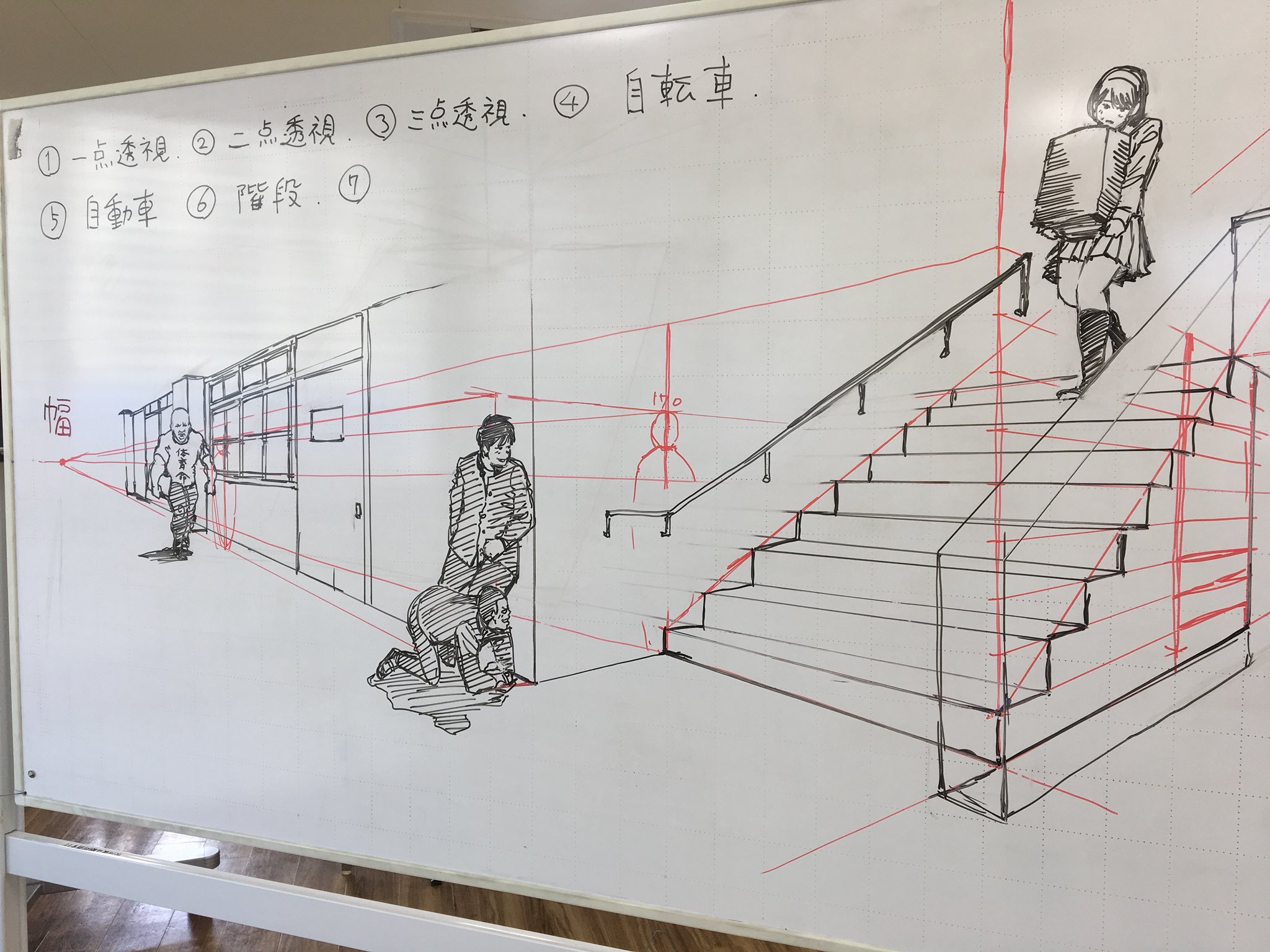 専門学校日本デザイナー学院九州校 いつも授業後のホワイトボードが 消しづらい 絵のクオリティが高くて イラスト 授業 一点透視 二点透視 階段の描き方 T Co Tsvmtdghcy Twitter