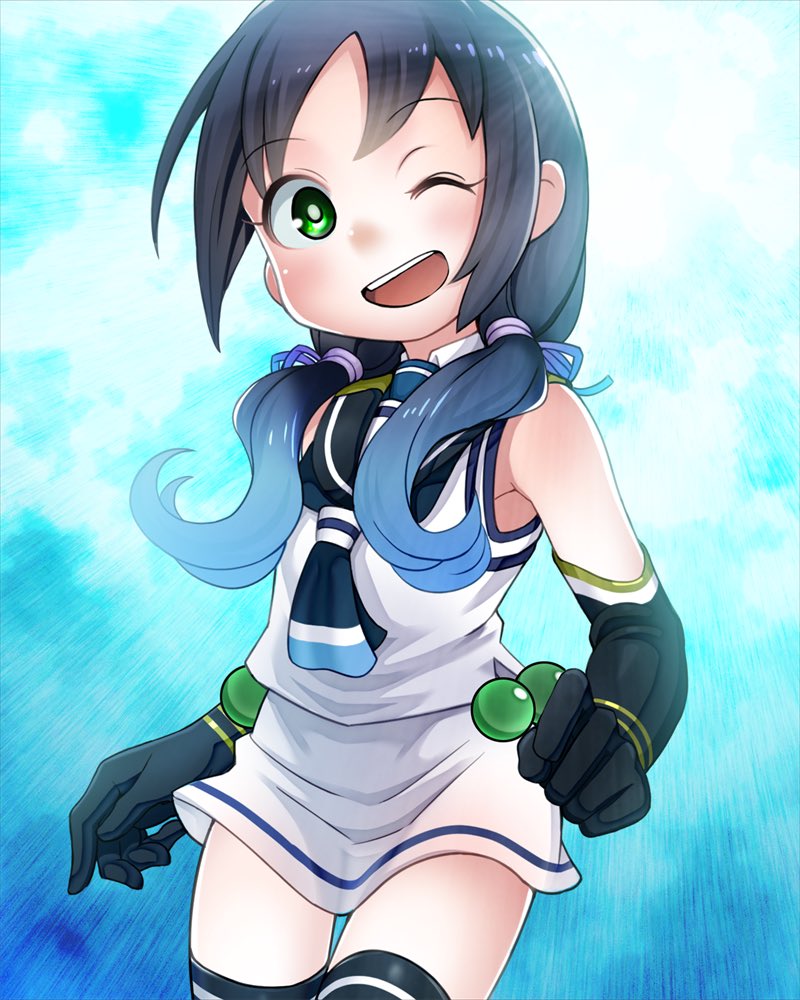 suzukaze (kancolle) 1girl solo gloves one eye closed twintails thighhighs green eyes  illustration images