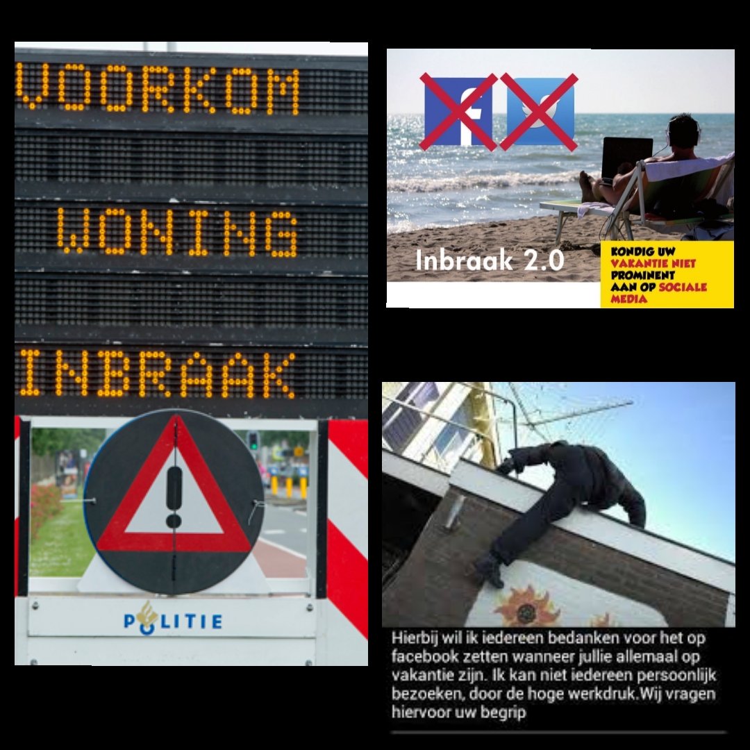 #vakantie Heerlijk om met je vrienden op #Facebook en #Twitter te delen wanneer je gaat, waar je naartoe gaat en vervolgens ook wat vakantiekiekjes doorsturen. Hoe gebruiken inbrekers social media dankzij jouw gedrag online?
#Inbrekers zijn inventief om aan hun buit te komen.