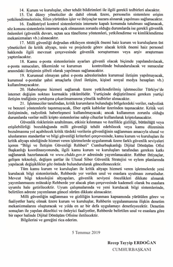 “Bilgi ve İletişim Güvenliği” tedbirlerine dair Cumhurbaşkanlığı Genelgesi yayımlandı. Cumhurbaşkanlığı Dijital Dönüşüm Ofisi’nin de (@dijital) katkısıyla “Bilgi ve İletişim Güvenliği Rehberi” hazırlanacak. #bilgigüvenliği #dijitaldönüşümofisi #sibergüvenlik #dijitalkalkınma