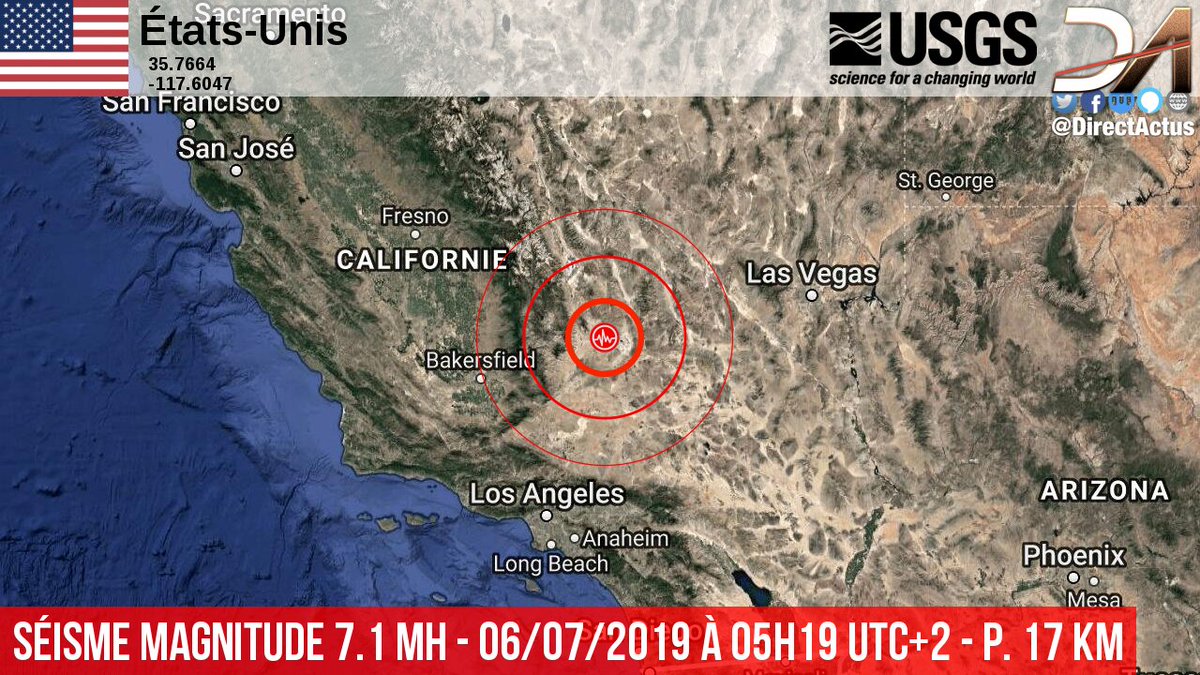 DirectActus's tweet image. 🔴🔴 #Séisme M7.1, #USA 🇺🇸 Un violent séisme de magnitude 7.10 a frappé le 06/07/2019 à 05h19 [05/07 20h19 heure locale], #SanBernardino County, #Californie, aux États-Unis (@USGS @USGSBigQuakes #Earthquake) » dact.info/ftgGv