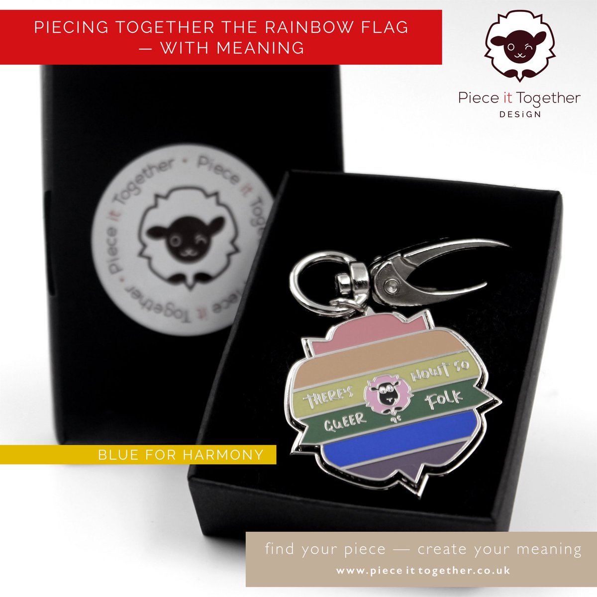 PiTDesignUK's tweet photo. A piece close to our heart, today’s rainbow flag meaning is blue for harmony. Very apt on @DalaiLama‘s birthday and as the lgbtq+ community celebrate in the capital 🇬🇧 - Happy London Pride 🌈 🎉 We’ll be @ArtsmixLeeds from 10am 🐑 See you there! #magcessory #fashionaccessory https://t.co/Vplz3paqn6