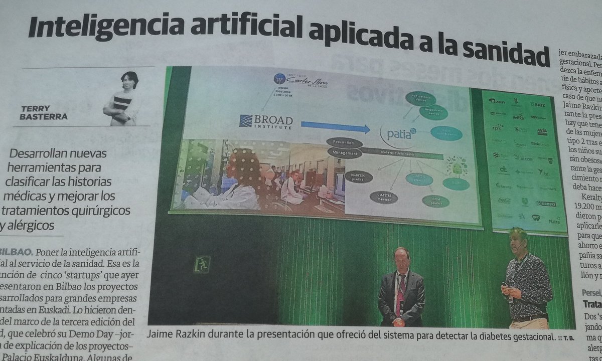 jsantamariaglez's tweet image. Hoy en @elcorreo_com @jaimerazkin de @PatiaDiabetes y @narusolutions en el #DemoDayBind40 ayer en Bilbao. @bind40, aceleradora público-privada de proyectos de industria inteligente. Y ayer en Granada en Congreso Internacional #CIBTC también los presentamos @gonzalo_lopez y yo!
