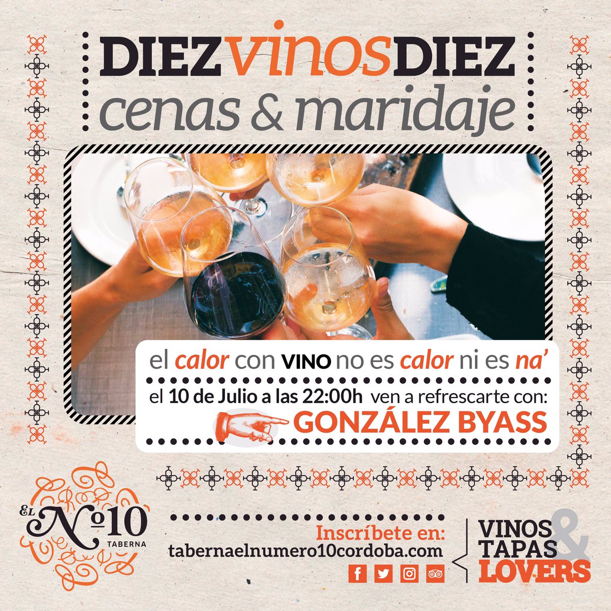 ¡Apúntate a la mejor cena&amp;maridaje del verano! '10 vinos 10' | 🍷🍽
10 de julio a las 22:00h. 
Cenas-maridaje de vinos españoles en la Taberna El Nº10 en las noches de verano.
Precio: 30€ por persona
- Bodega GONZÁLEZ BYASS -

Inscríbete aquí:
docs.google.com/forms/d/1KSd-r…