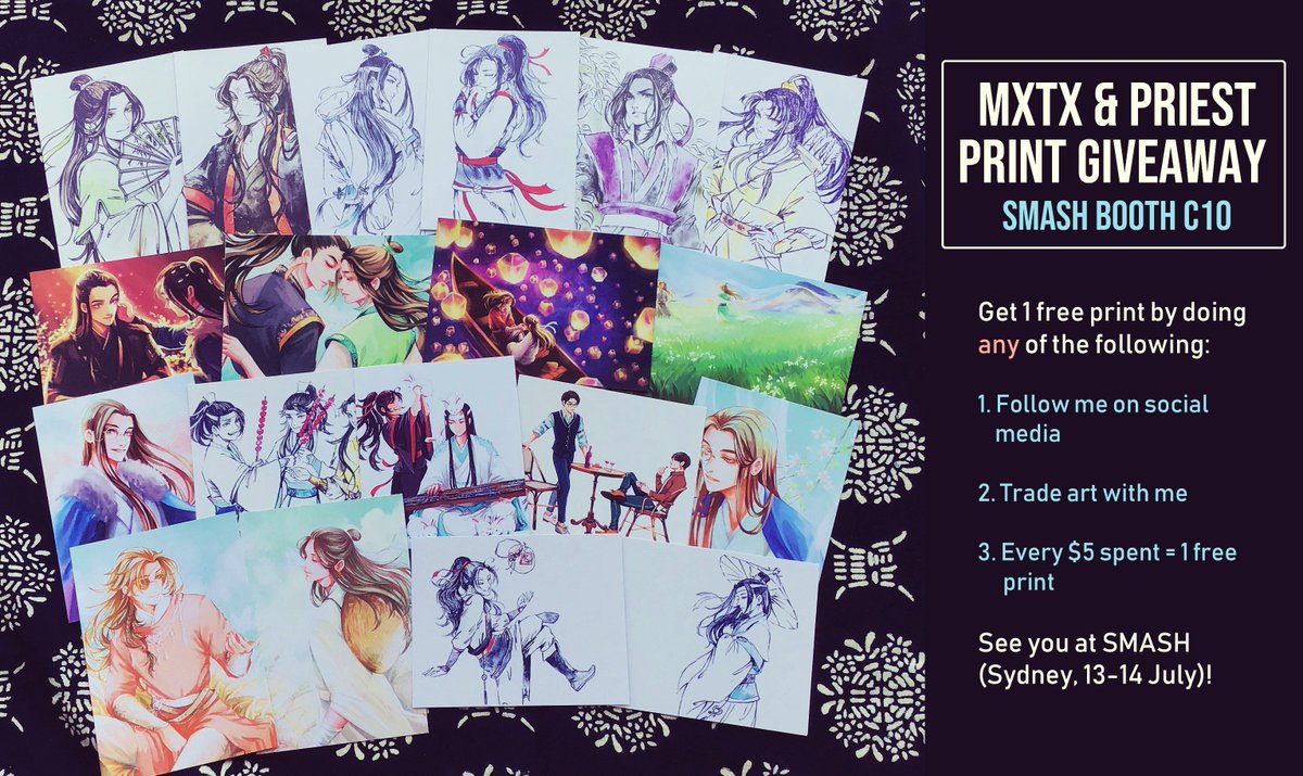 I'll be at SMASH C10 giving out free MXTX & Priest prints! Come yell with me about Chinese BL and CQL XD (This giveaway is only for people visiting my SMASH booth!) 