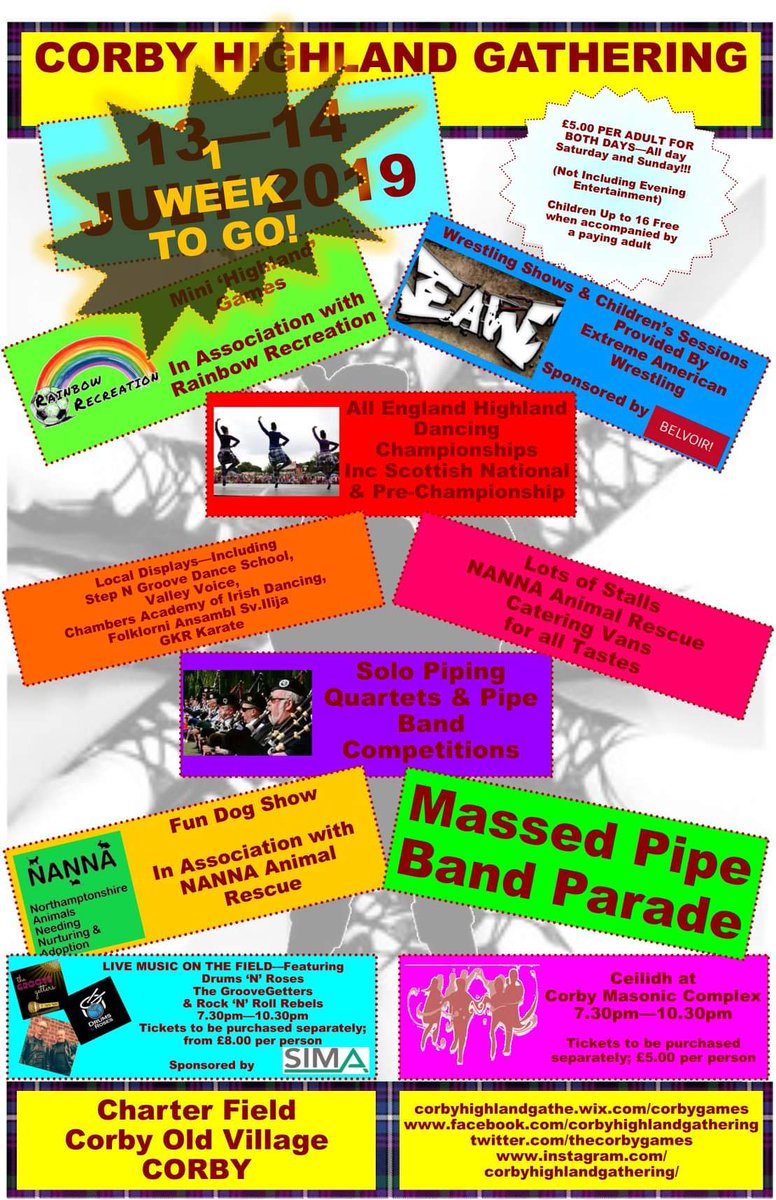 Corby Highland Gathering 2019 is almost upon us!

Just 1 week to go; who's coming to see us this year?

#corbyhighlandgathering #corby #commmunity #highlanddancing #bagpipes #pipebands #livemusic #ceilidh #wrestling #craftstalls #family #familyfunday