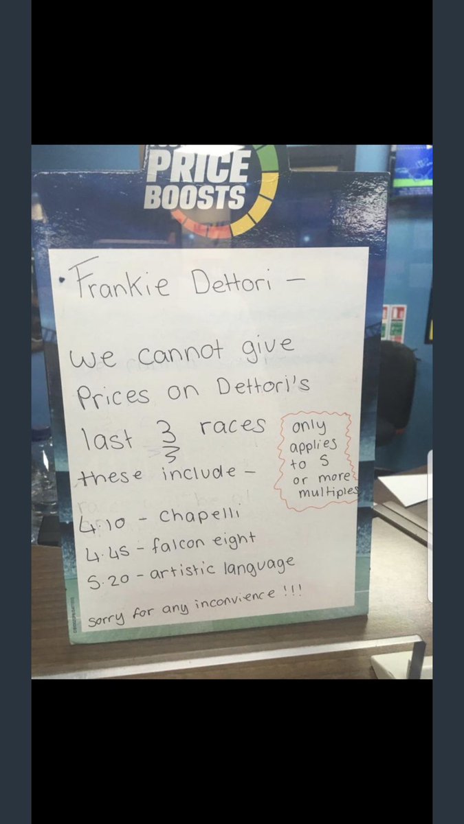 This is extraordinary 

U.K bookmaker Coral advertising that they won’t be offering customers the option to back Frankie Dettori in the last three races at Sandown Park.

What is even more amazing is that Artistic Language is scratched and therefore not even running.