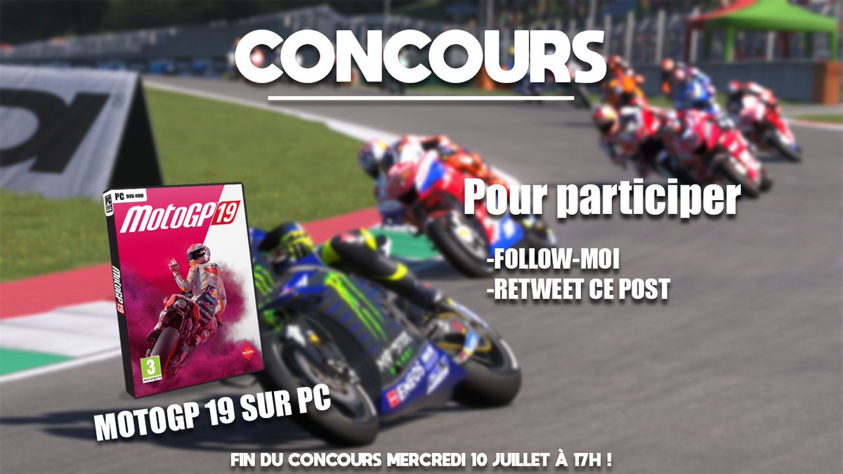 #Concours 🎁
Tente de gagner MotoGP 19 sur PC !
📋 Pour participer :                             
✅ Follow @SoapGaming_YT
✅ Retweet ce post                            
📅 Fin du Concours Mercredi 10 Juillet à 17h !