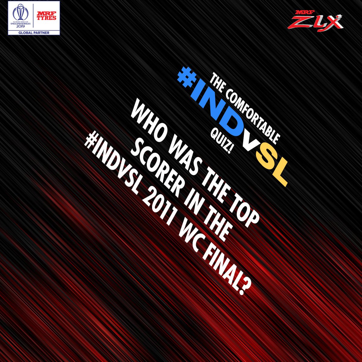 MRFWorldwide's tweet image. Here&apos;s the 1st question!

The 2011 WC has been etched in every Indian&apos;s memory. Do you remember who top scored with the bat in the finals?

To be eligible to win:
-Answer with #RideAlongWithMRF
-Retweet the question
-Follow us

#INDvSL #CWC19