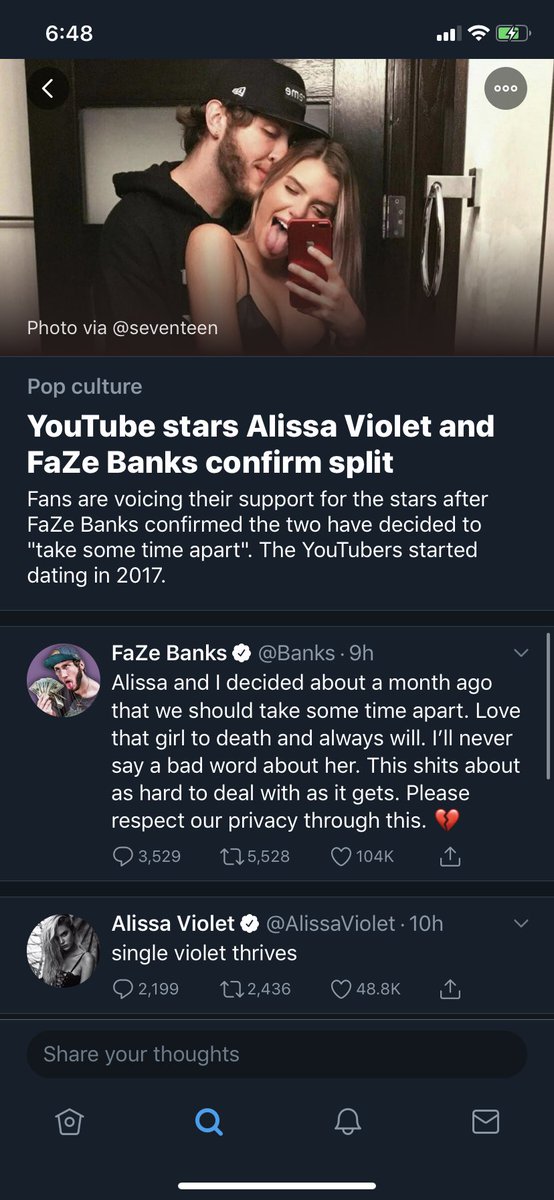 CLEisMyCity216's tweet image. Look at the difference here bro. This is why women fucking suck. Banks puts out a statement not trashing Alissa and Alissa basically says he was holding her back. Absolutely gross dude. #fazebanks #alissaviolet