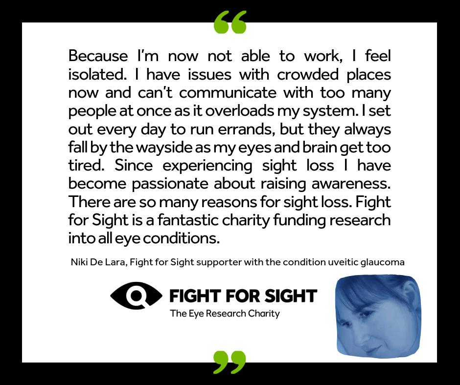 fightforsightUK's tweet photo. Our fantastic supporter and founder of @glaucomarize, Niki De Lara, is passionate about raising awareness of uveitic glaucoma - which has left her blind in one eye - and highlighting the need for more eye research. Read her story here: https://t.co/gSHxTd9WPT #EyeResearchMatters https://t.co/azhpNGJc1o