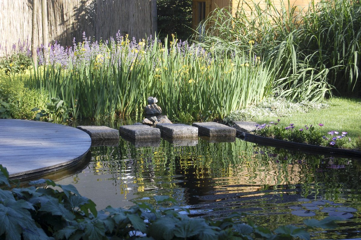 Tuinvijver met houten terras.
tuinarchitectuur-verellen.be