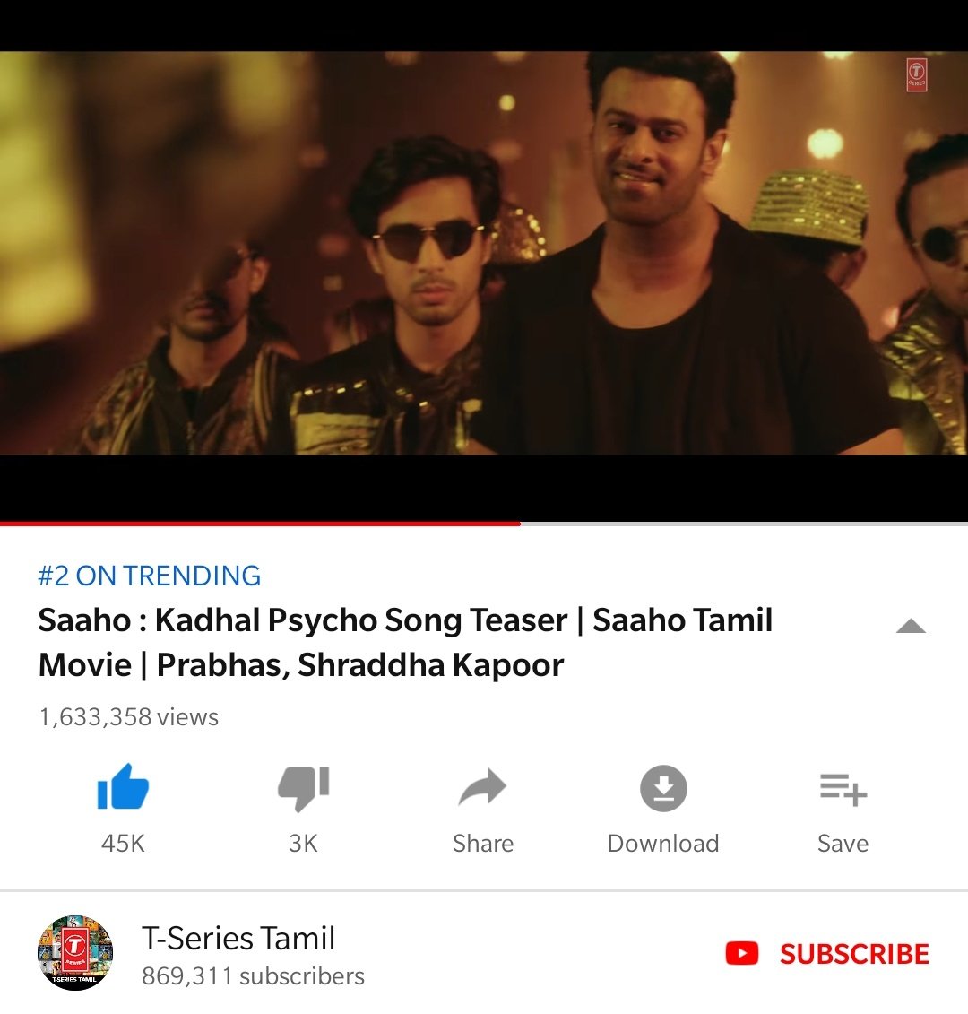 #KadhalPsycho #PsychoSaiyaan Tamil version clocked 1.63M+ views and 45K+ Likes 💥
Still trending at #2 YT.....

Get ready to hop on full song from 8th July 🕺💃

#PyschoSaiyaan 🎧
#Prabhas #Saaho