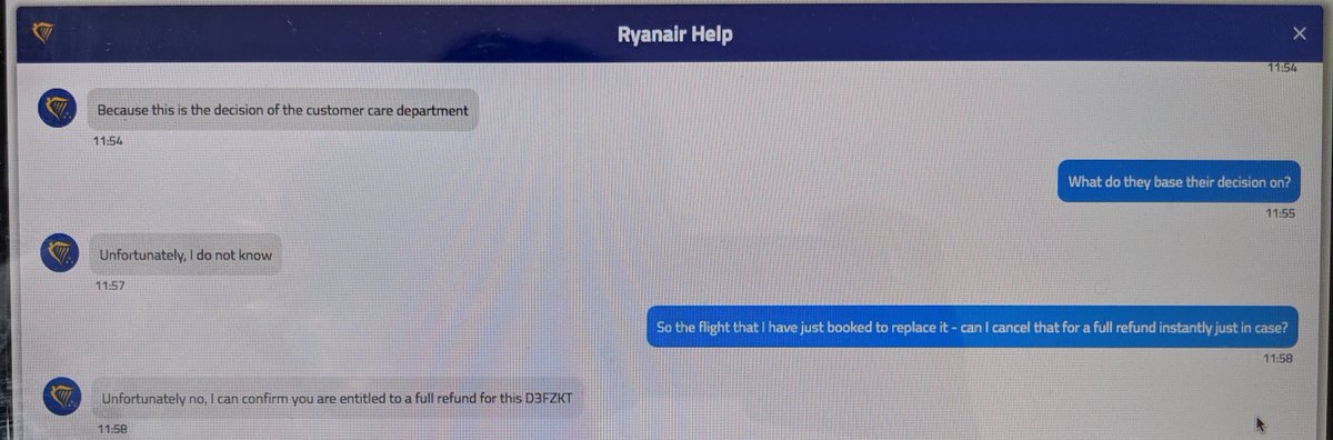 jonorthrop's tweet photo. @ryanair please explain these ethics? I check with customer care who confirm I should book a replacement flight &amp; apply for a refund on the flight that you have changed the time of. I do this and then am told I'm not guaranteed a refund despite being FULLY ENTITLED one? #ryanair https://t.co/1qoUZvN4pN