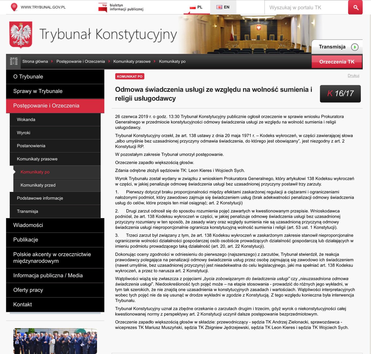 P_K_SA's tweet photo. TK stwierdził niekonstytucyjność art. 138 kodeksu wykroczeń w sprawie drukarza z Łodzi

Constitutional Tribunal declared unconstitutionality of Art  138 of the Petty Offences Code in precedent case of printer who refused to produce roll-up for LGBT foundation
#freedomOfConscience https://t.co/VEz5UptDpp