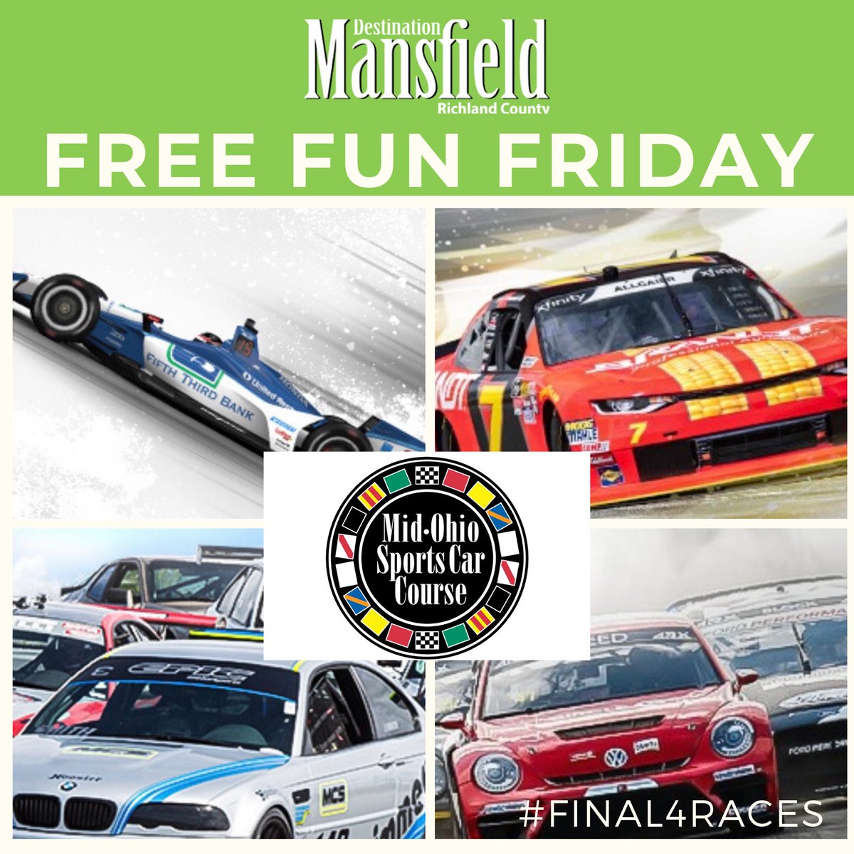 DestinationMans's tweet photo. Here is your next FREE FUN FRIDAY CHANCE! This week we are offering (1) Mid-Ohio Sports Car Course Pass that gives you entrance into the FINAL 4 races. Go to our Facebook Page to enter. Friday, July 12th, we will select 1 winner.
#DestinationMansfield #FreeFridayFun #MidOhio https://t.co/agMDPpBOlc