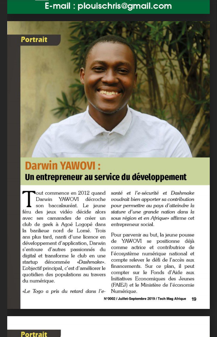 DashmakeStartup's tweet photo. Thanks to @Techenafrique2 for his new publication on our business. On #TechMagAfrique 0002, you will find a portrait of @darwinHSAD, co founder of #Dashmake and a description of our @SOSSYSTEM2 project. Good reading. https://t.co/qAzZoSTYVy…/1wIjGSfTknT16N8we0dPx7f8B9…/view… https://t.co/q5JGFpuQa0