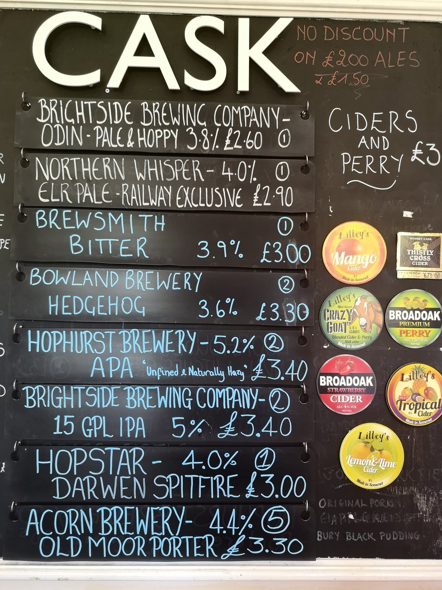 Today's ales, ciders and perries for the final sunny day of the diesel gala <a href="/BrightsideBrew/">Brightside Brewing Company</a> <a href="/WhisperNorthern/">Northern Whisper</a> <a href="/BrewsmithBeer/">BrewsmithBeer</a> <a href="/BowlandBrewery/">Bowland Brewery</a> <a href="/HophurstBrewery/">Hophurst Brewery</a> <a href="/OfficialHopstar/">Hopstar Brewery Ltd</a> <a href="/AcornBrewery/">Acorn Brewery</a> <a href="/ThistlyCross/">Thistly Cross Cider</a> <a href="/broadoakcider/">Paul Lewis</a> <a href="/lilleyscider/">Lilley's Cider</a>