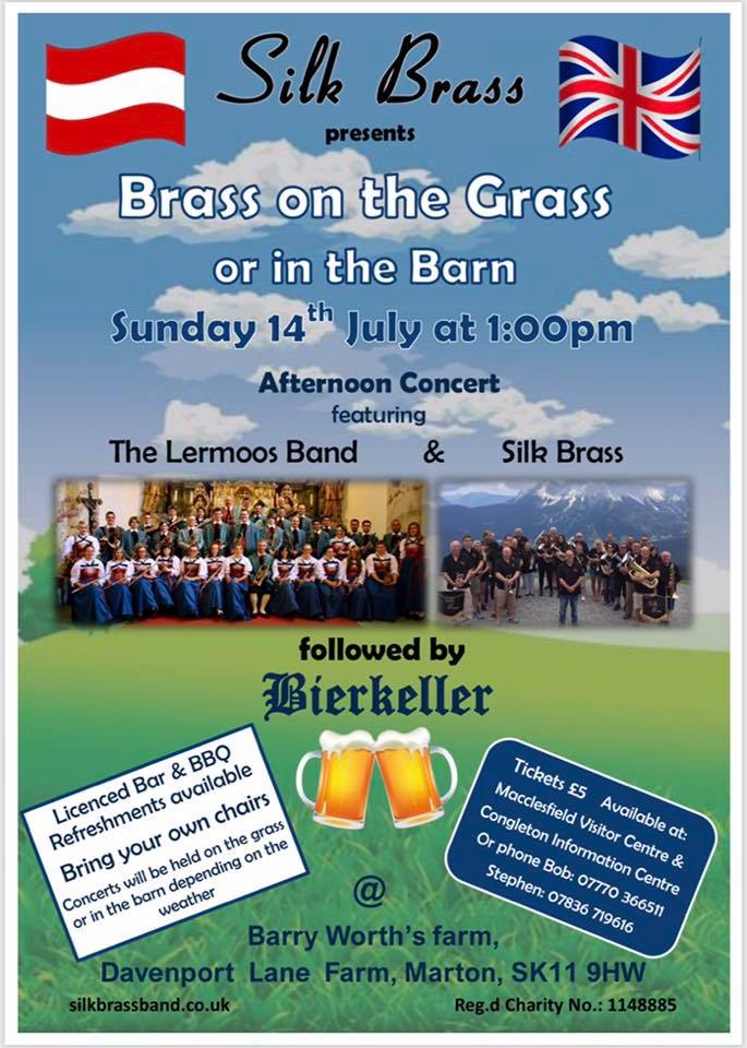 We're pleased to be selling tickets for the forthcoming <a href="/SilkBrass/">Silk Brass Band</a> Concert Sun 14th July featuring The Lermoos Band all the way from Austria!  Tkts just £5 for this fabulous event. #Cheshire #brassband