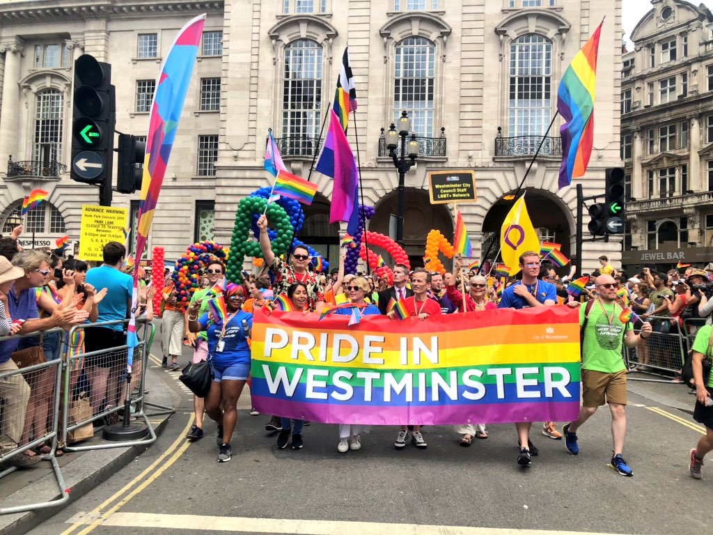 CityWestminster's tweet photo. We’re delighted to have walked in the @prideinlondon parade today and proudly support the LGBT+ community in Westminster &amp; around the country. Don’t forget if you’re out tonight our @sohoangels are there to help you #endthenightright if you need them #wccatpride #prideinlondon https://t.co/RsyQwR7RzQ