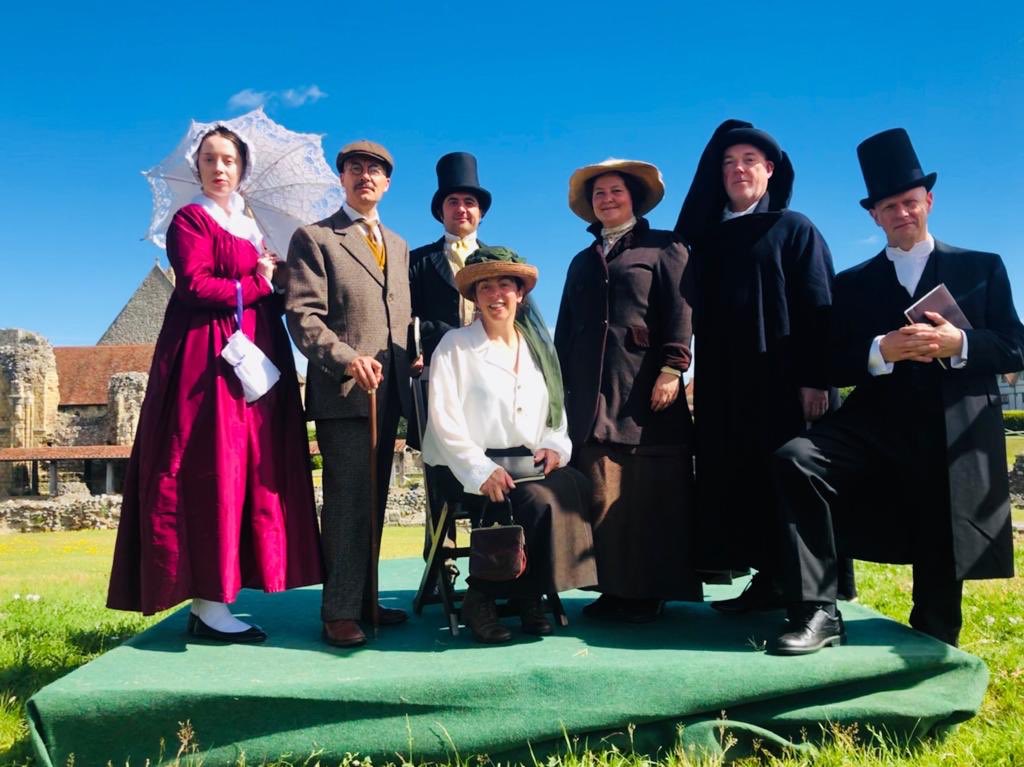 The authors at #StAugustinesAbbey - it’s been a scorcher! #makingdramaoutofhistory #historicalcostume #geoffreychaucer #lewiscarroll #agathachristie #janeaustin #RudyardKipling #BeatrixPotter @EnglishHeritage