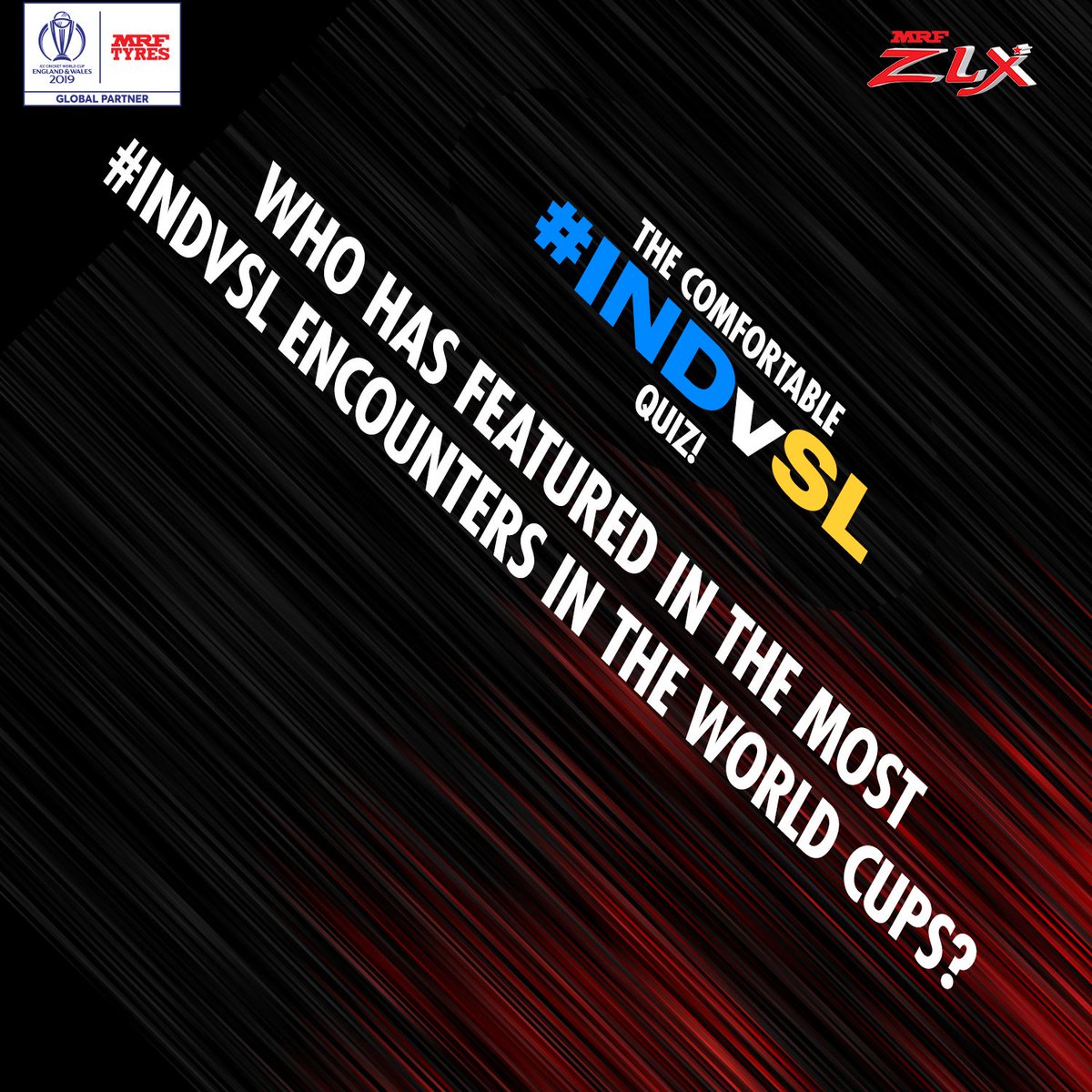 MRFWorldwide's tweet image. Question no.11!
India and Sri Lanka have met quite a few times in the WCs now. But do you know exactly how many times that is?

To be eligible to win:
-Answer with #RideAlongWithMRF
-Retweet the question
-Follow us

#INDvSL #CWC19