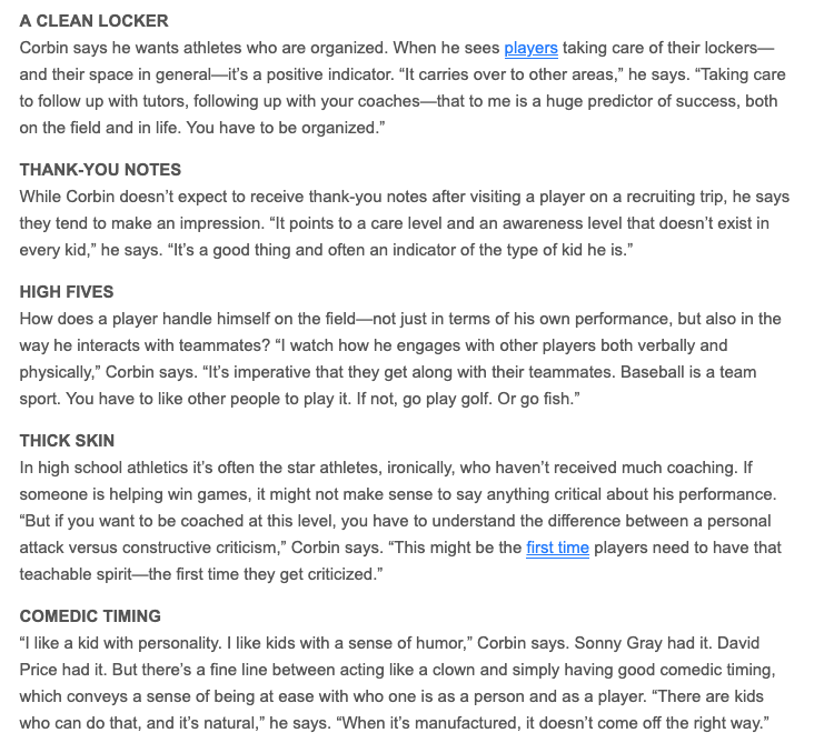 What are college programs looking for in their recruits?  Well if these 5 Traits are good enough for Tim Corbin and Vanderbilt I would say this is a good place to start.