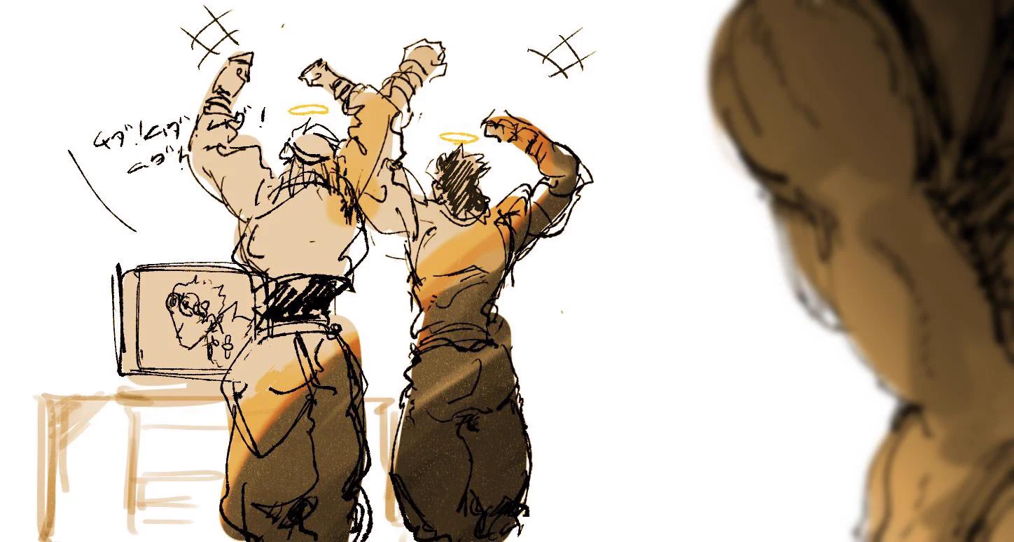 ジョルノの活躍を見て興奮するディオとジョナサン