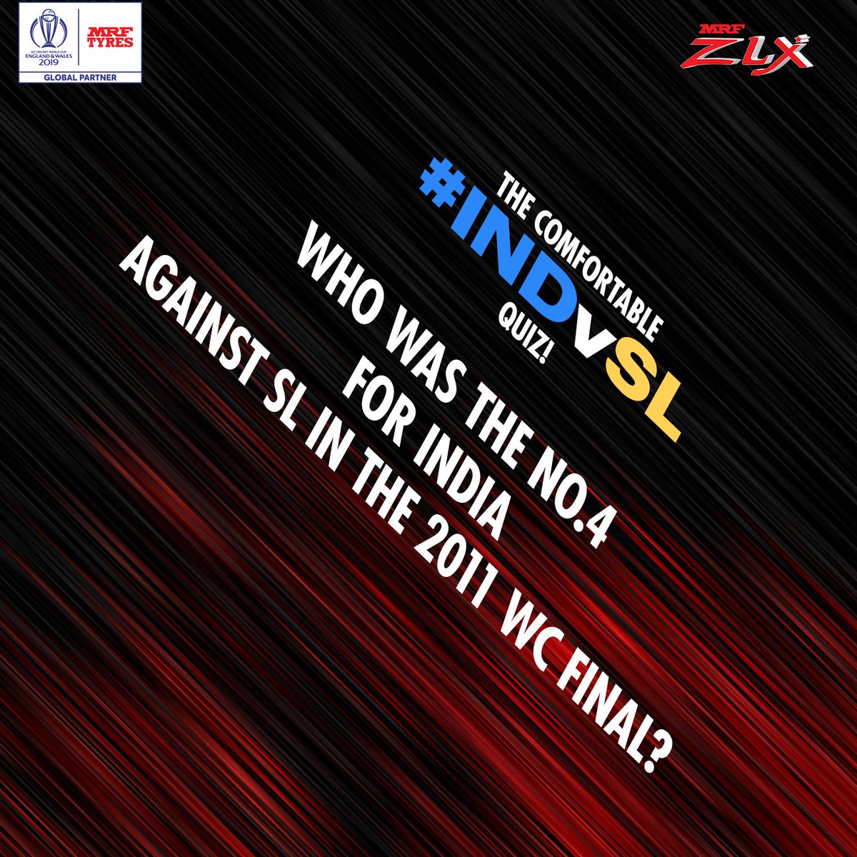 MRFWorldwide's tweet image. Question no. 13

India&apos;s no.4 has been the talk of the town for quite some time now. But do you know who batted 2 down in the 2011 WC final?
 
To be eligible to win:
-Answer with #RideAlongWithMRF
-Retweet the question
-Follow us

#INDvSL #CWC19
