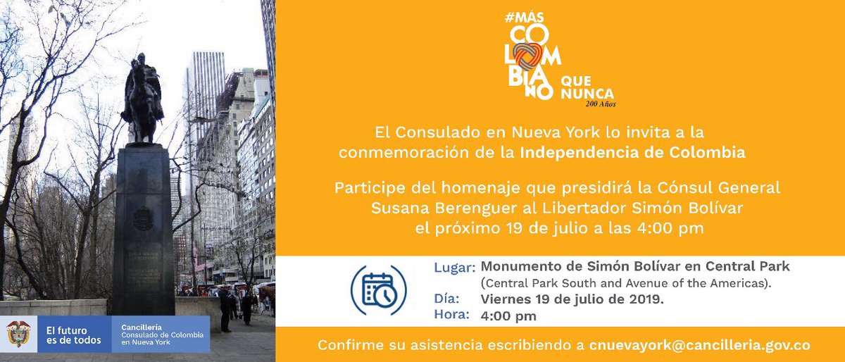 Si está en #NuevaYork, prográmese para conmemorar la Independencia de Colombia. El Consulado realizará el viernes, 19 de julio,  una ofrenda floral en <a href="/CentralParkNYC/">Central Park</a> justo en el monumento a Simón Bolívar.

Aquí los detalles 👇🏻👇🏻👇🏻👇🏻👇🏻