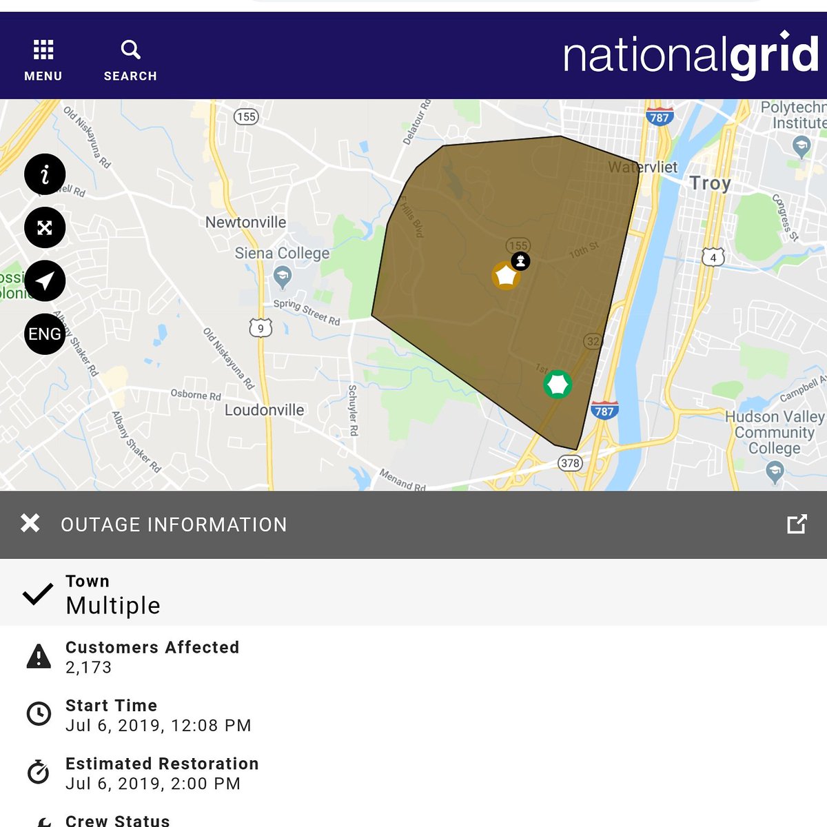 Steve Caporizzo On Twitter Power Outage Right Now Just East Of Siena College To The Hudson River Over 2 000 Home Without Power Crews Have Been Dispatched Https T Co Tuk1pqwlhv