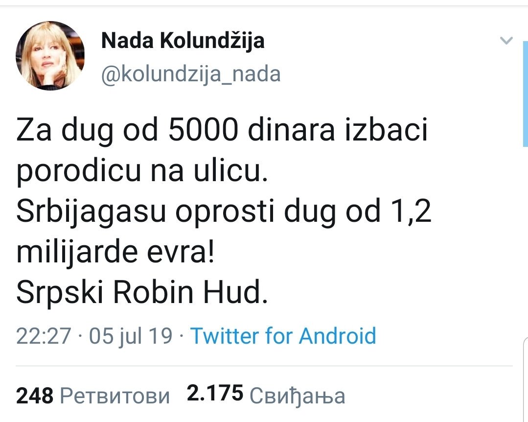Низ ће бити настављен обрнуто пропорционално количини патетике садржане у твиту. 
Онај, који се буде односио на избацивање из стана због дуга од 500 динара, још ће и моћи да се преживи, али онај од 5 динара има да сруши Твитер...