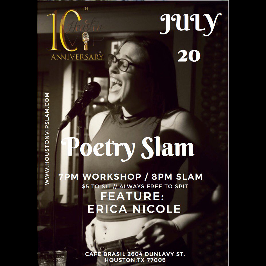 We're only two weeks away from Houston VIP Poetry Slam featuring <a href="/EricaNicolePoet/">Erica Nicole Poetry</a>! Join us at 7pm at Brasil Houston for a #writingworkshop and #poetryslam. $5 to sit, always free to spit! 
#HoustonVIPSlam
#PocketFullaPoems
#houstonpoetry #poetry #poets #weekendplans #Houstonpoets